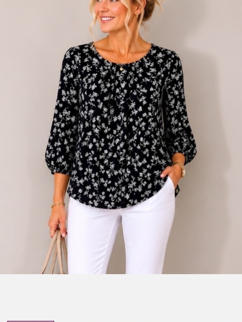 Women's Black Floral 3/4 Sleeve Blouse
